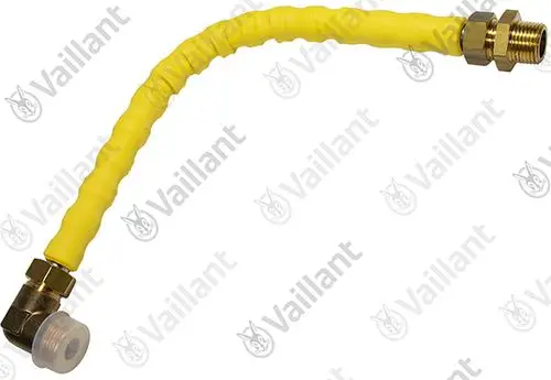Gelbes Wellrohr mit Metallanschlüssen, möglicherweise für Gasinstallationen. Marke Vaillant erkennbar.